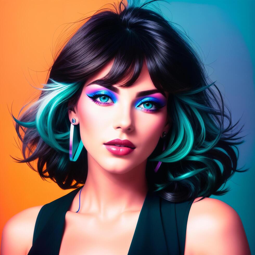 Portrait of a beautiful woman with bright makeup, in bright clothes, in bright, multi-colored studio lighting, photorealism. For registration CD disks. , generative, AI photo