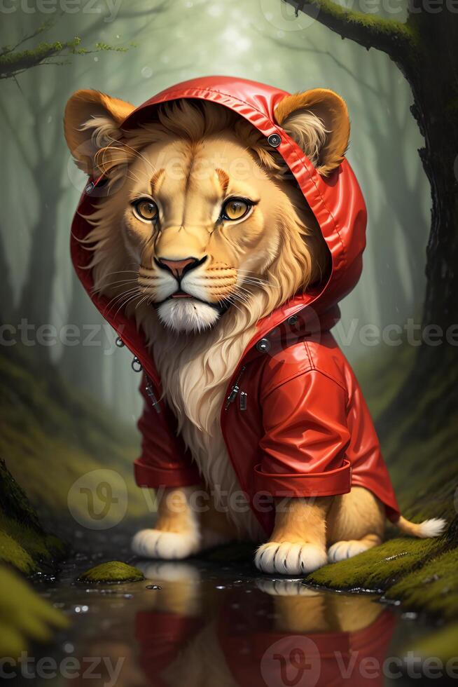 A miniature toy lion in a red cloak stands in a forest with a puddle of water, in the rain, photorealism. , generative, AI photo