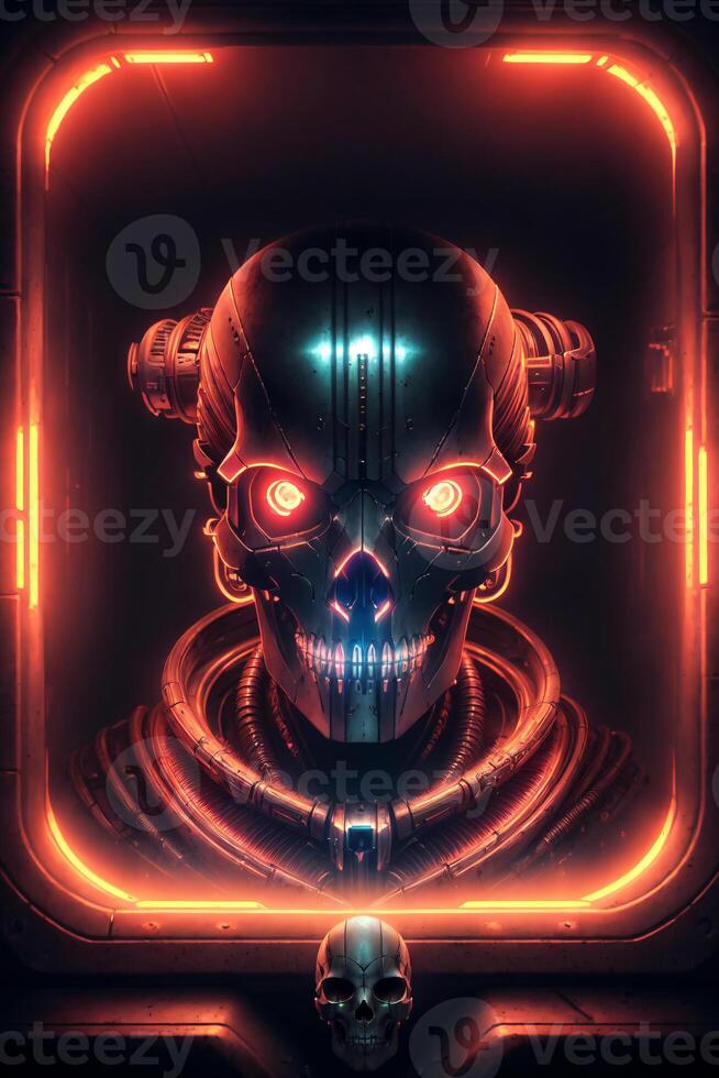 Skull with glowing eyes in a futuristic setting, biomechanics, cyberpunk art, sots art. , generative, AI photo