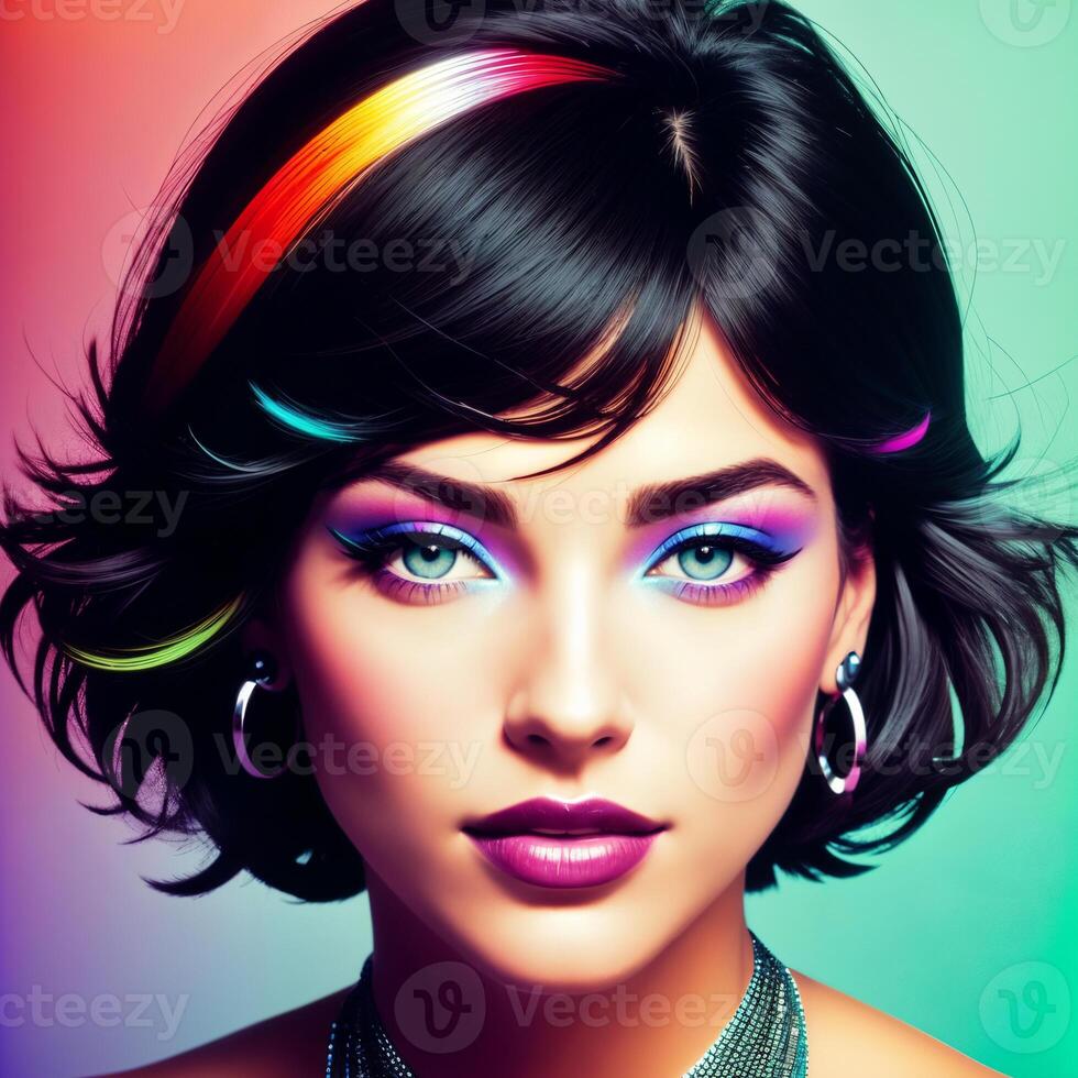 Portrait of a beautiful woman with bright makeup, in bright clothes, in bright, multi-colored studio lighting, photorealism. For registration CD disks. , generative, AI photo