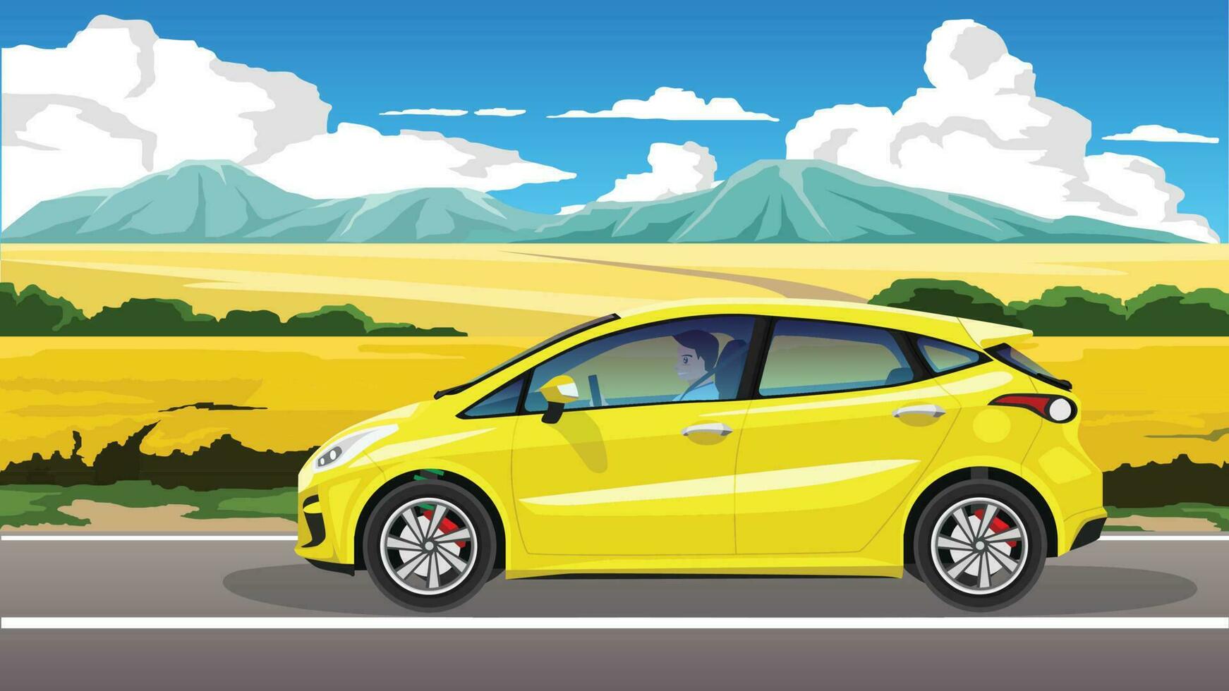 concepto vector ilustración de horizontal vista. masculino jinete dentro hatchback coche conducción en el asfalto la carretera. antecedentes de amarillo flor campo. con montaña debajo azul cielo y blanco nubes