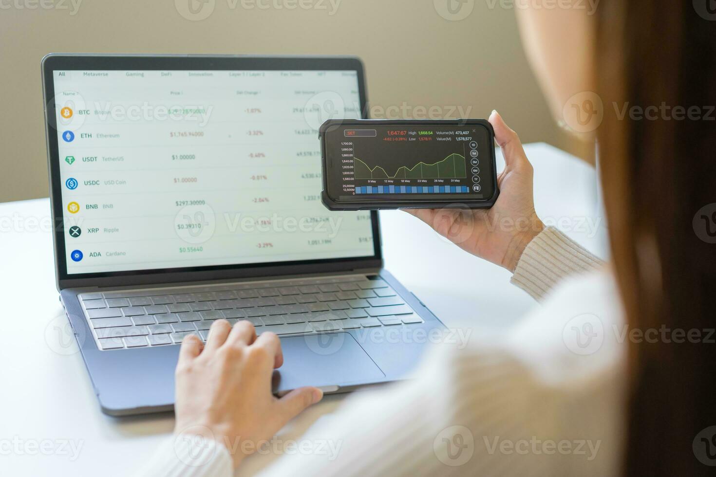 Investor analyzing exchange market, asian young business woman trader on graphic charts on laptop computer, hand in using smartphone for trading stock, looking at screen with diagrams at home office. photo