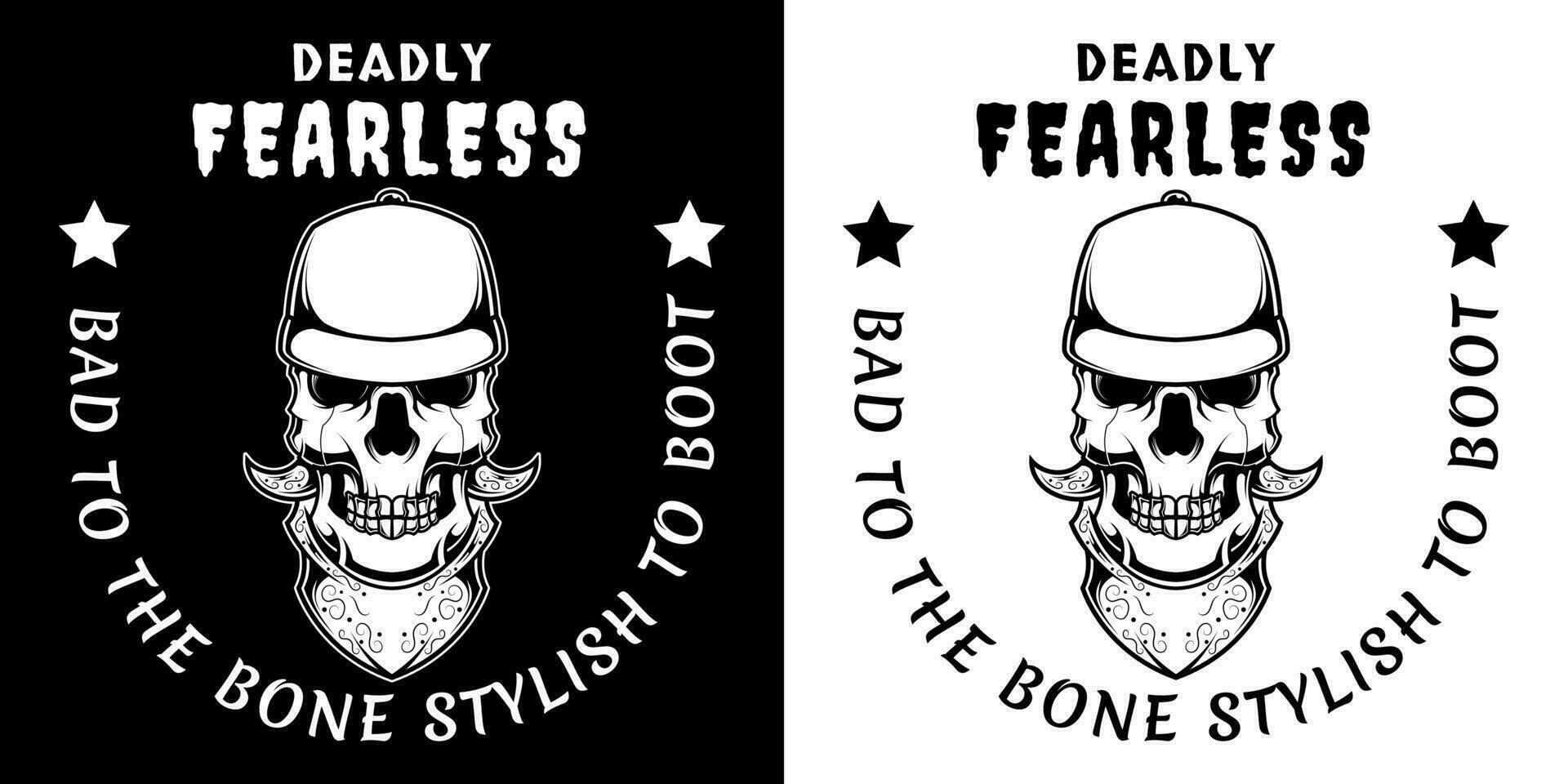 Black and White Vintage Skull Head Illustration in Snapback and Bandana vector