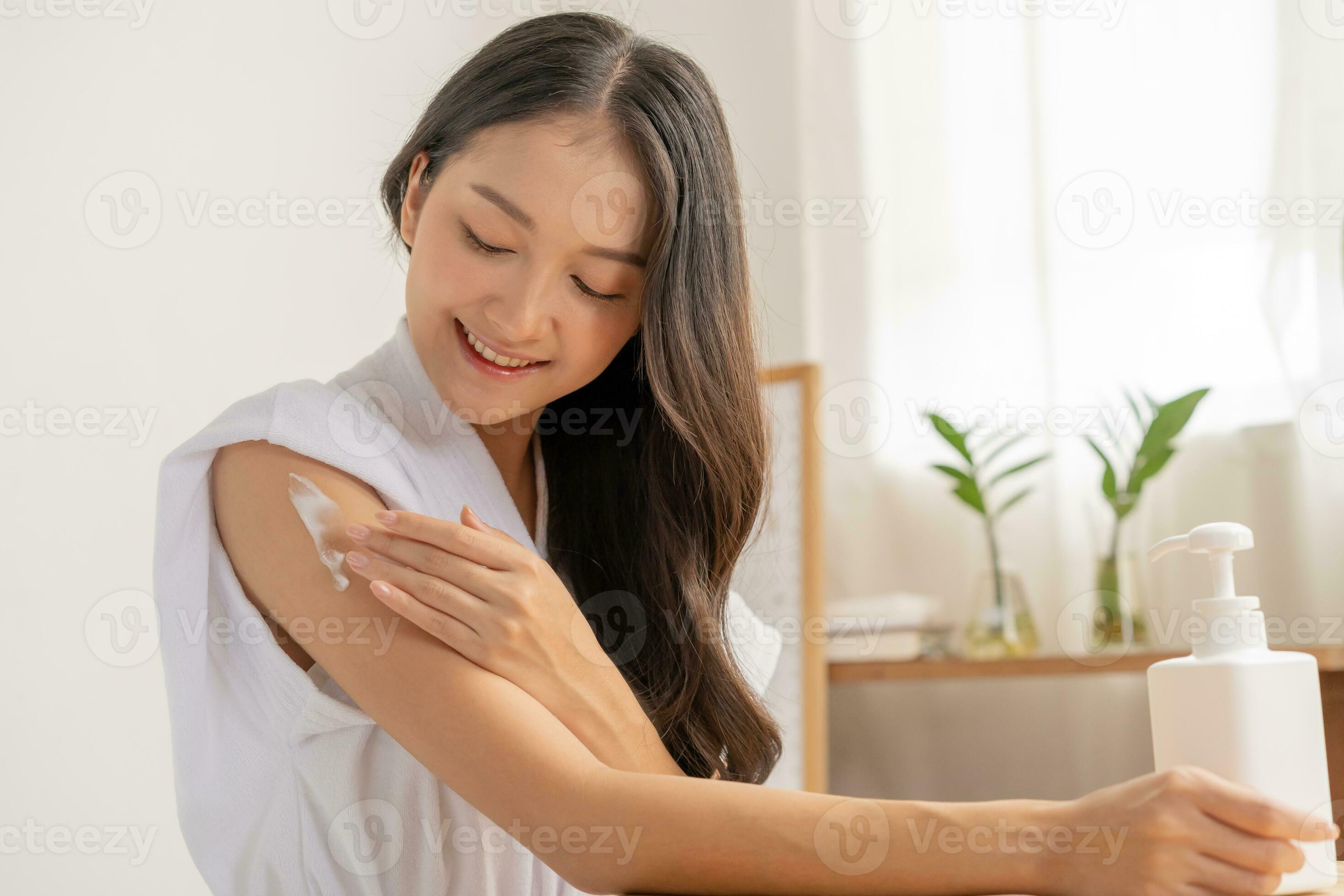 Healthy skin care, beauty asian young woman in bathrobe, towel after