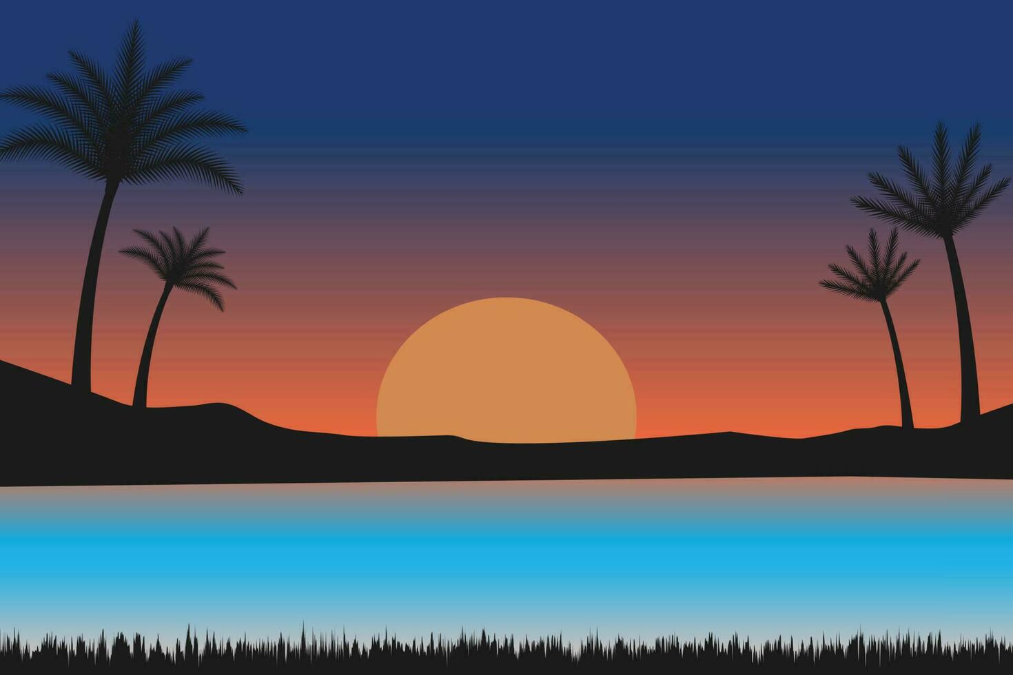 verano puesta de sol playa vector fondo, puesta de sol escena paisaje fondo, tropical playa paisaje ilustración, puesta de sol playa con palma arboles vector fondo, degradado playa paisaje antecedentes