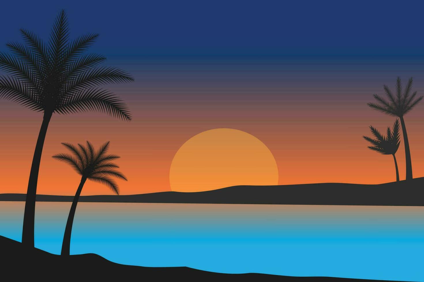 verano puesta de sol playa vector fondo, puesta de sol escena paisaje fondo, tropical playa paisaje ilustración, puesta de sol playa con palma arboles vector fondo, degradado playa paisaje antecedentes