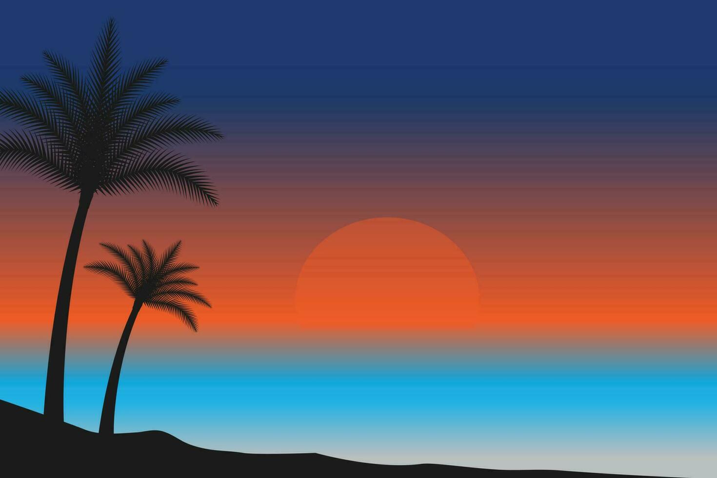 summer Sunset beach vector background, Sunset scene landscape background, tropical beach landscape illustration, Sunset beach with palm trees vector background, gradient beach scenery background