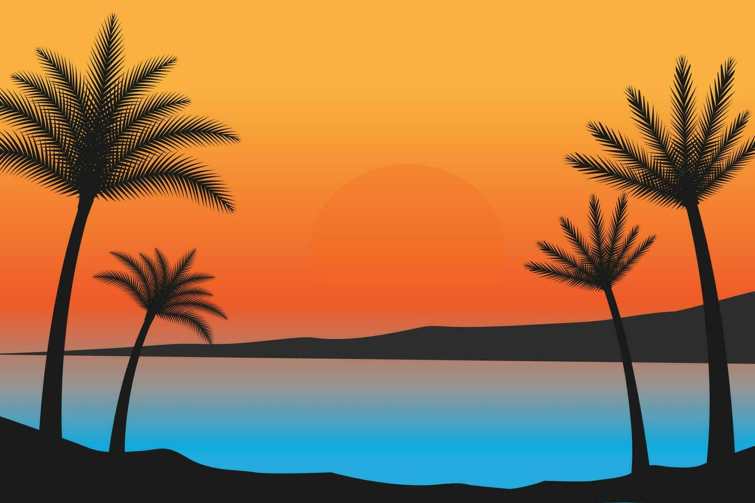 verano puesta de sol playa vector fondo, puesta de sol escena paisaje fondo, tropical playa paisaje ilustración, puesta de sol playa con palma arboles vector fondo, degradado playa paisaje antecedentes