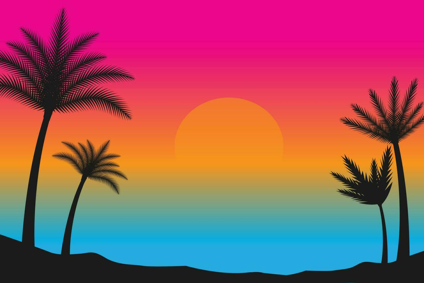 verano puesta de sol playa vector fondo, puesta de sol escena paisaje fondo, tropical playa paisaje ilustración, puesta de sol playa con palma arboles vector fondo, degradado playa paisaje antecedentes