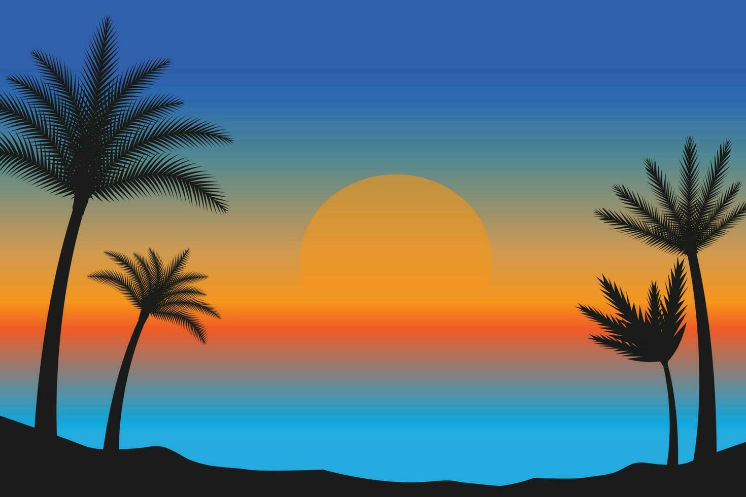 verano puesta de sol playa vector fondo, puesta de sol escena paisaje fondo, tropical playa paisaje ilustración, puesta de sol playa con palma arboles vector fondo, degradado playa paisaje antecedentes