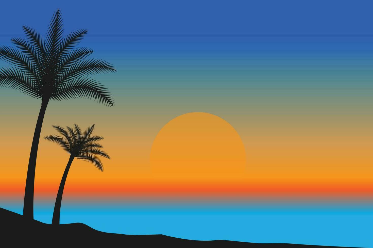 verano puesta de sol playa vector fondo, puesta de sol escena paisaje fondo, tropical playa paisaje ilustración, puesta de sol playa con palma arboles vector fondo, degradado playa paisaje antecedentes