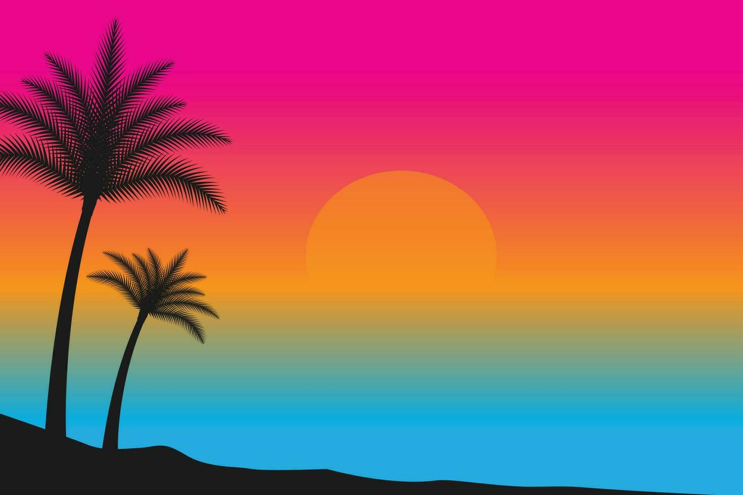 verano puesta de sol playa vector fondo, puesta de sol escena paisaje fondo, tropical playa paisaje ilustración, puesta de sol playa con palma arboles vector fondo, degradado playa paisaje antecedentes