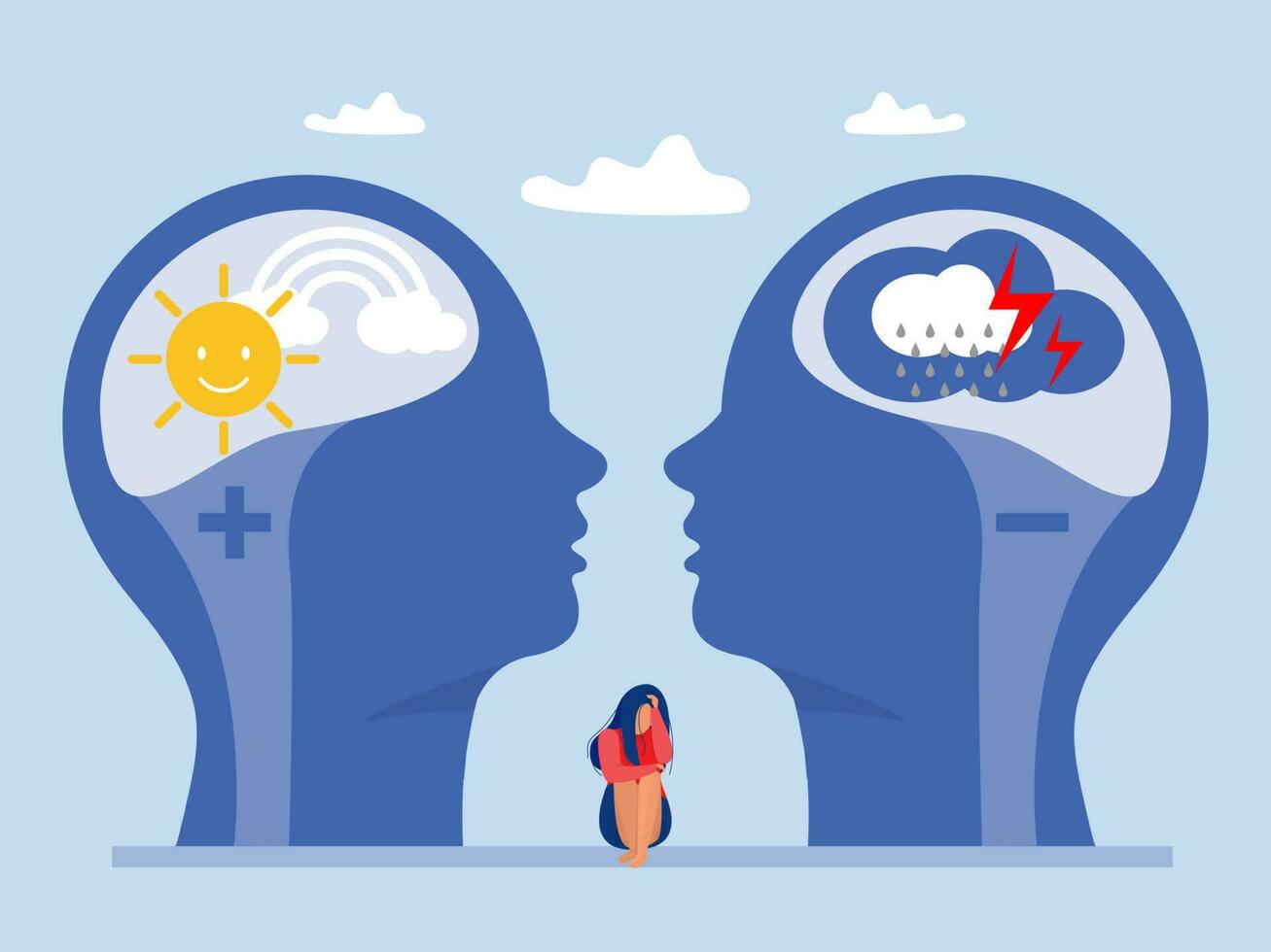 bipolar disorder , Woman middle between happy and sad mental condition in psychological state  positive mind and negative concept vector