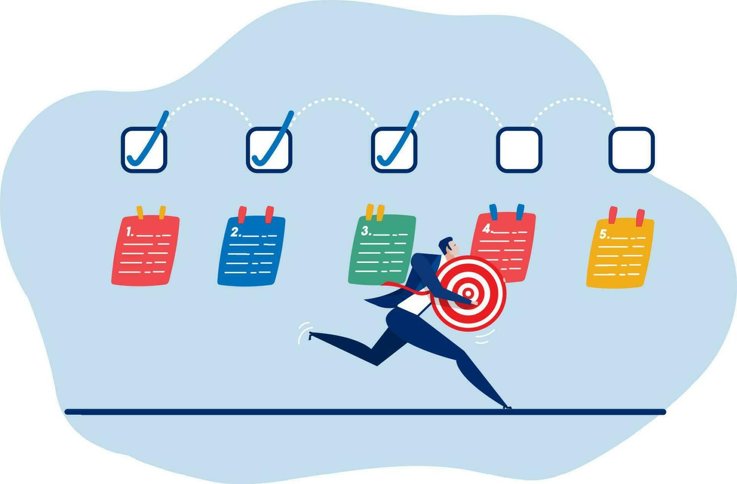 businessman running on completed checkbox to reach goal finished checklist, achievement ,development , improvement,or project progression progress to target concept vector