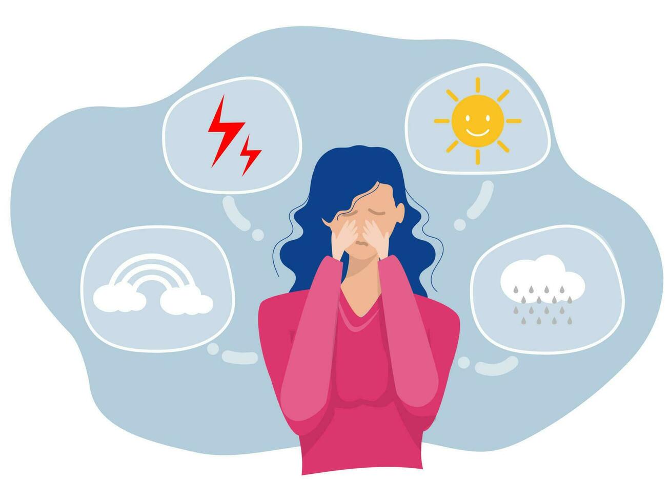 Health mental woman suffering from bipolar disorder, Girl surrounded by symptoms of bipolar disorder icon graphic vector