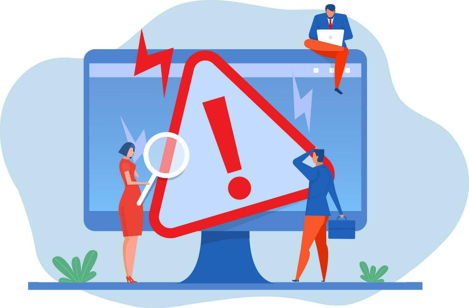 warning concept,people checking operating system error warning on web page, system alert or mistake wrong 404 error web pageflat vector illustration