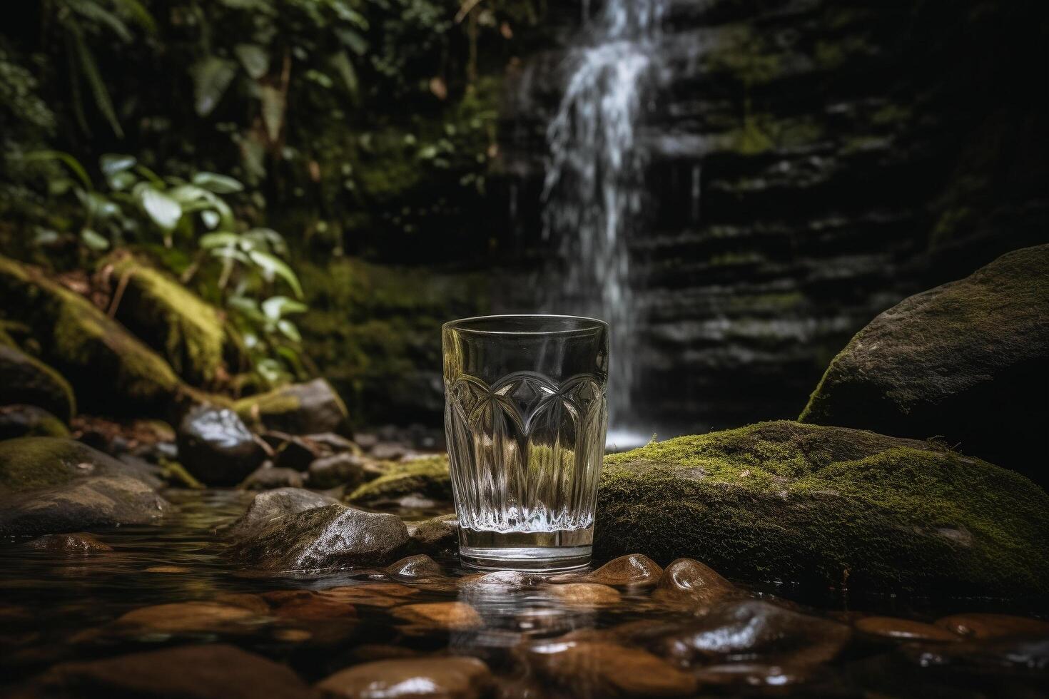 A glass sitting on a rock in front of a waterfall, photo