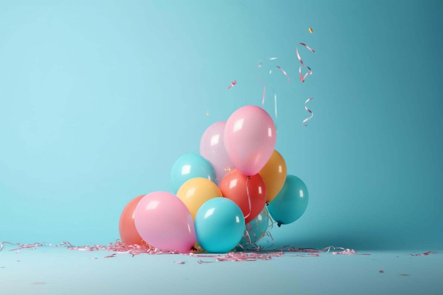 Birthday party balloons with confetti on a light blue background, photo