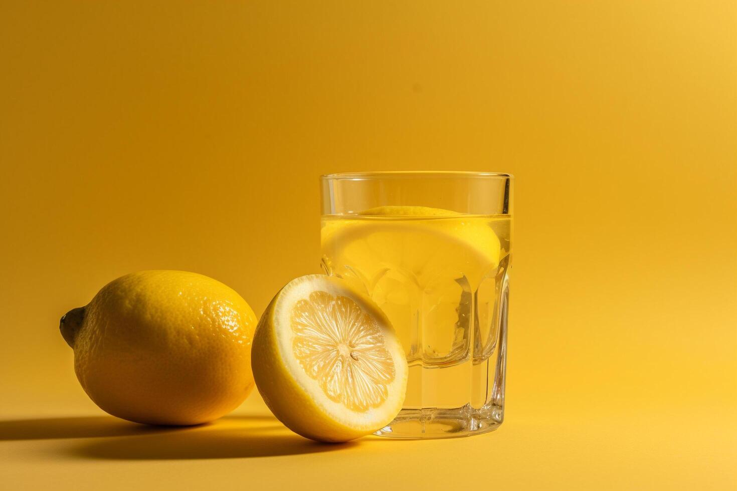A glass of lemonade on a yellow background with two lemons, photo