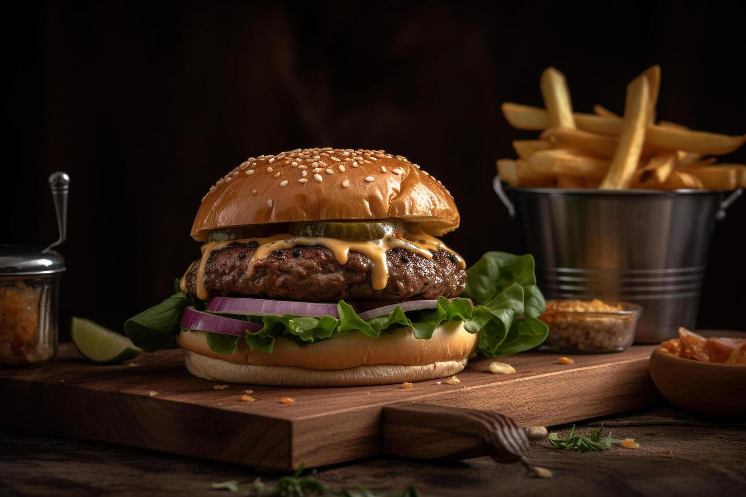 Hamburger with cheese, lettuce and french fries, photo