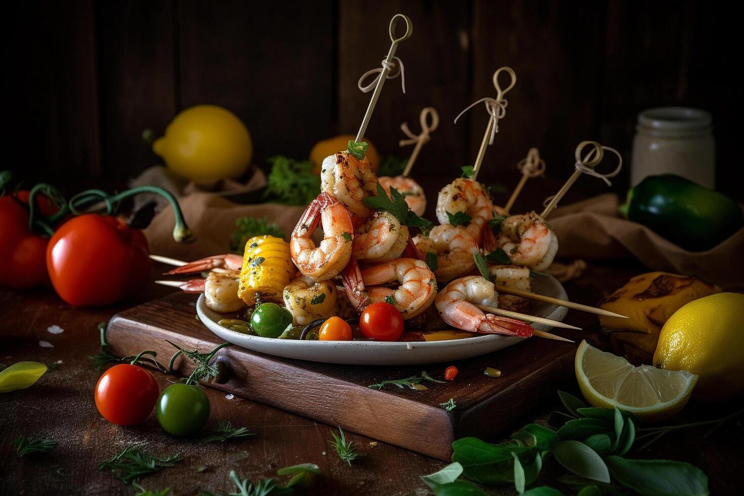 Skewered shrimp and vegetable kabobs, photo
