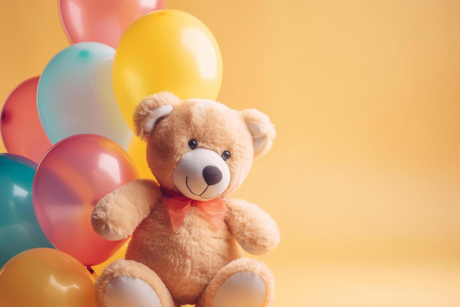 linda osito de peluche oso con vistoso globos, niños' cumpleaños concepto, generativo ai foto