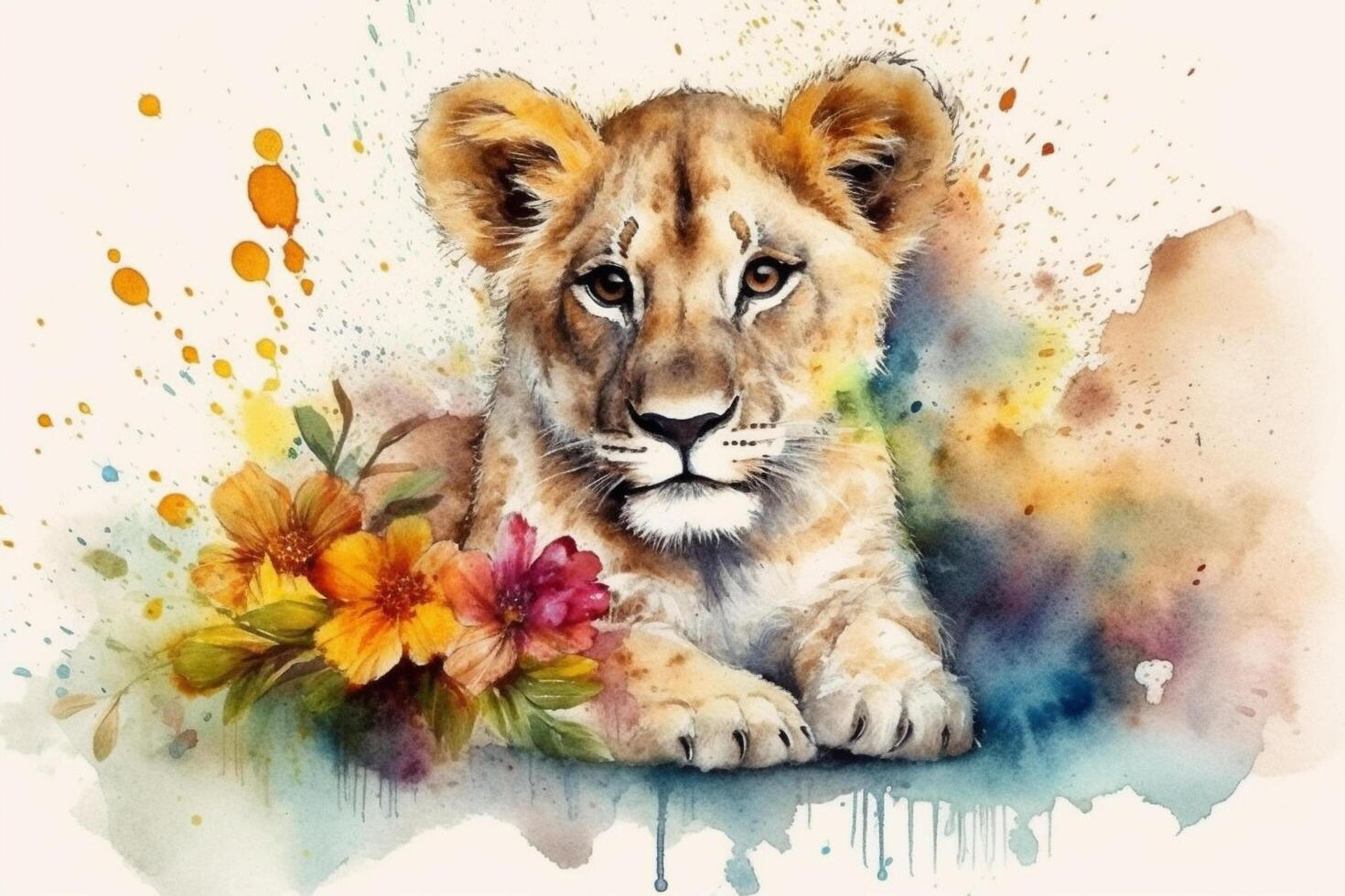 Watercolor image illustration of flowers, a baby lion sitting, photo