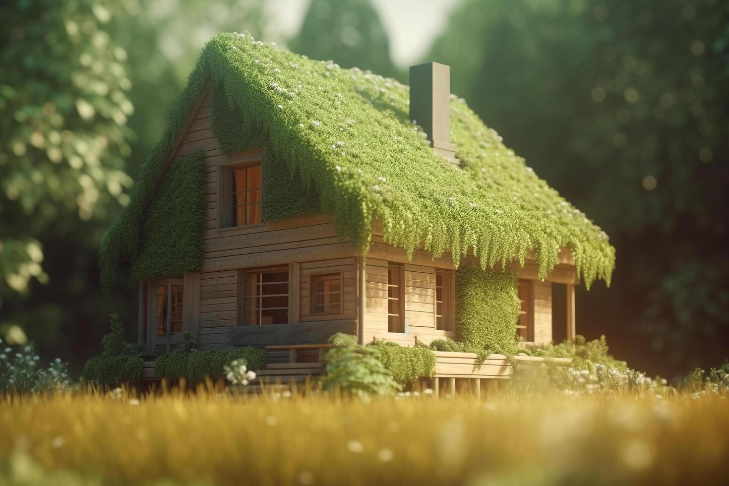 A house with a green roof covered in grass, photo