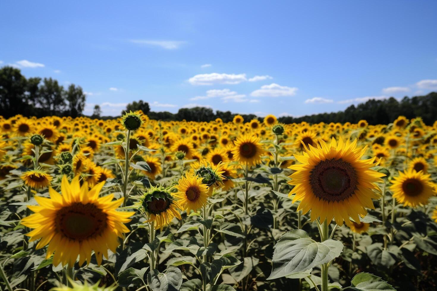 A large field of sunflowers under a blue sky, photo