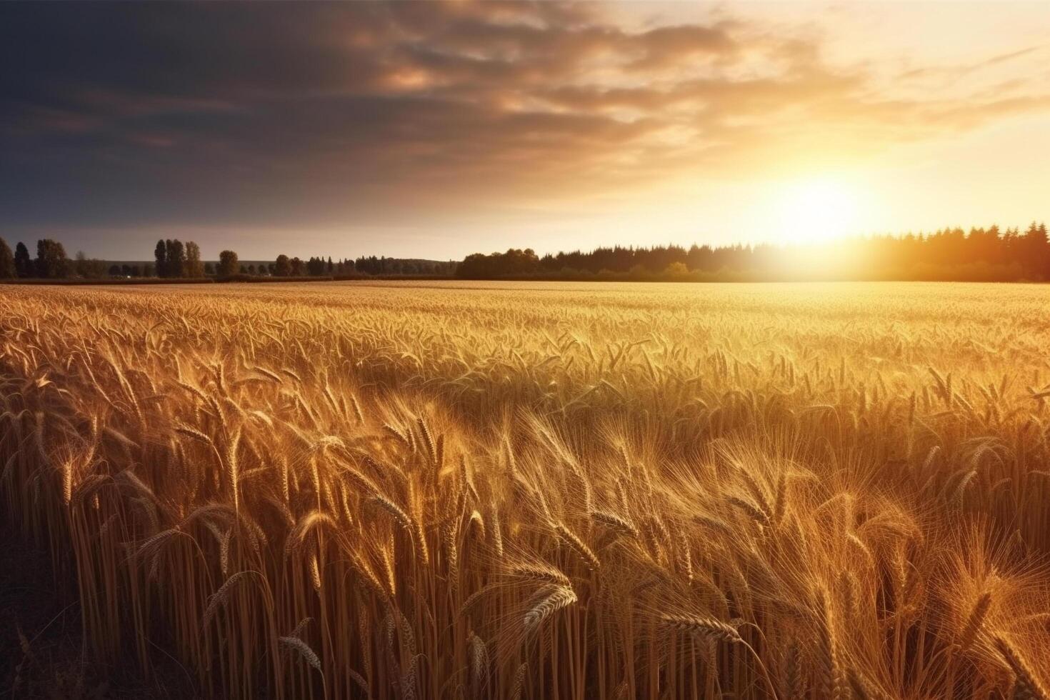 Ripe golden wheat field with sunset, wide view, photo