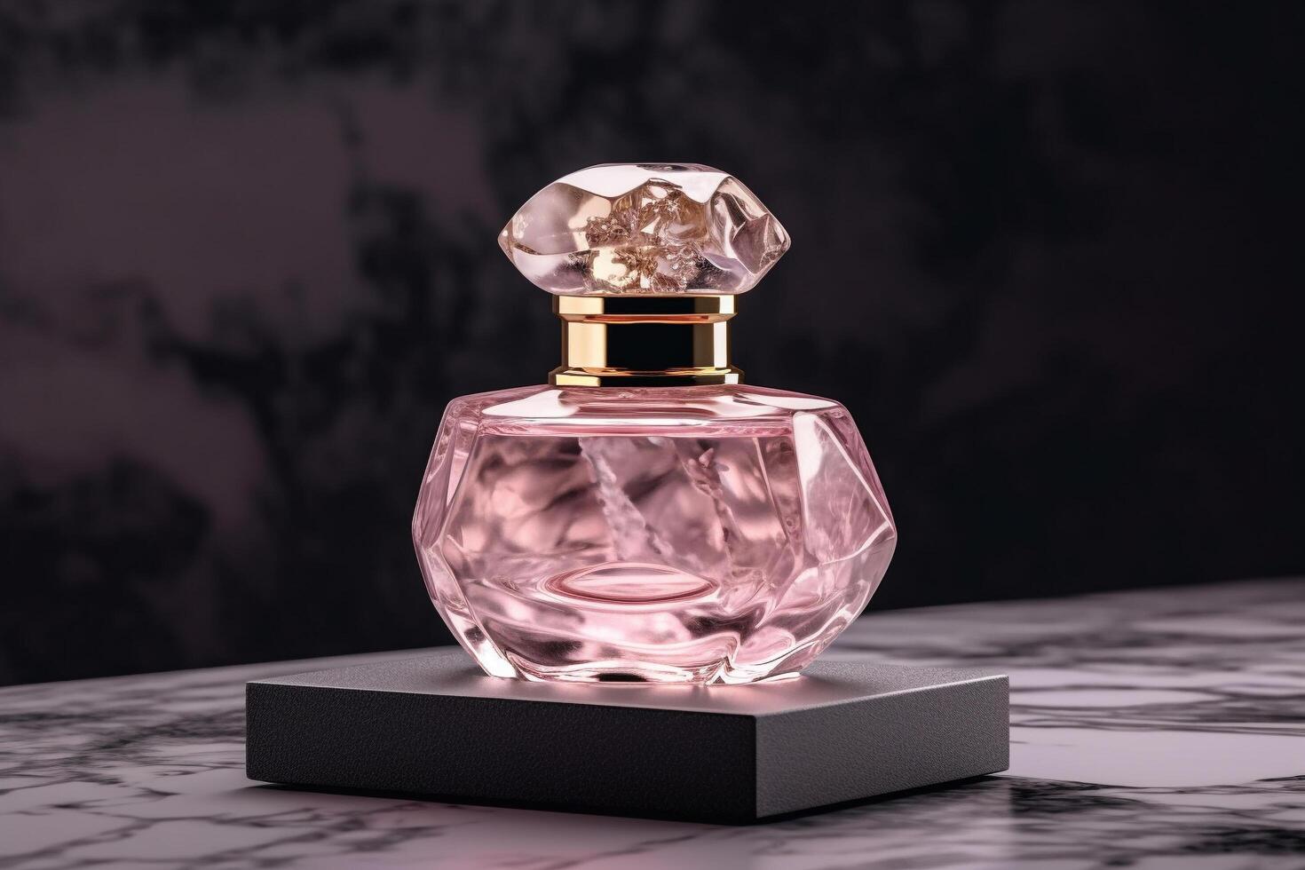 Luxury roses perfume mockup glass bottle on top of a marble table, product display, photo