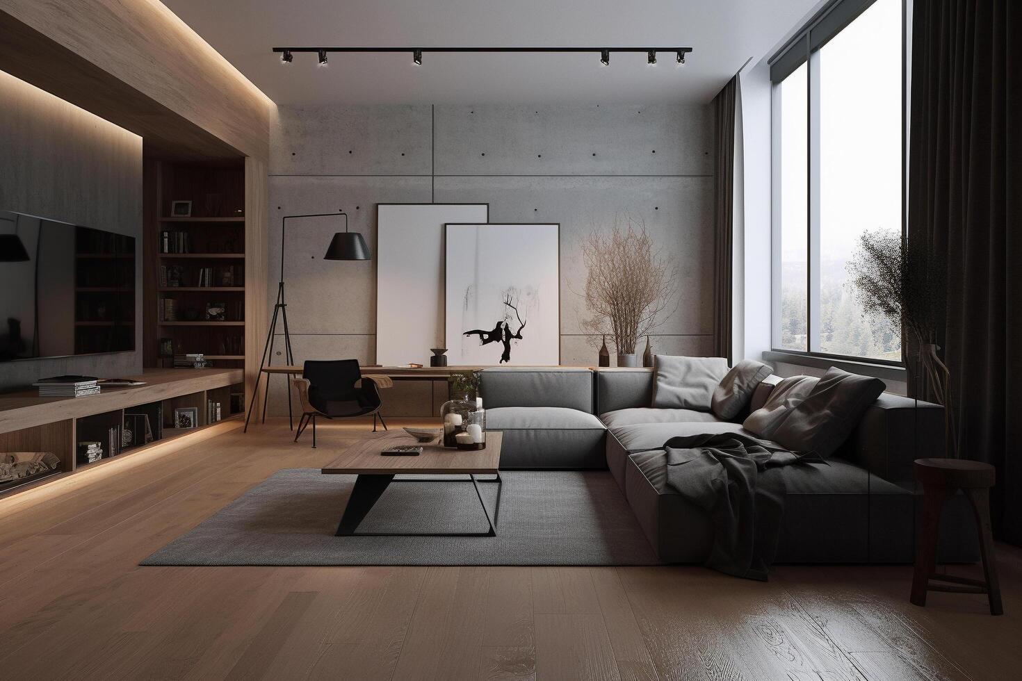 A minimalist living room with furniture, photo