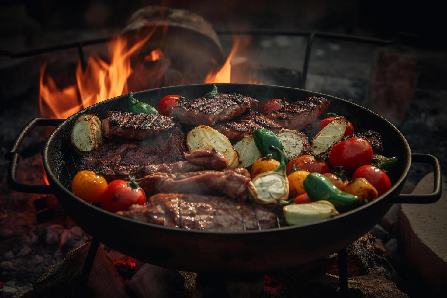 Delicious grilled meat with vegetables sizzling over the coals on a barbecue, photo