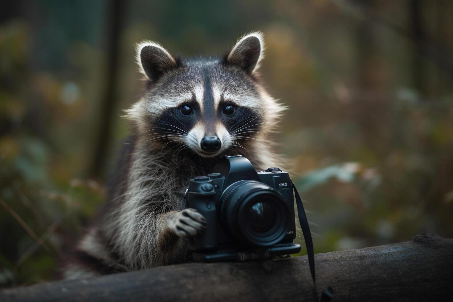 A raccoon using a camera in front of a blurry background, photo