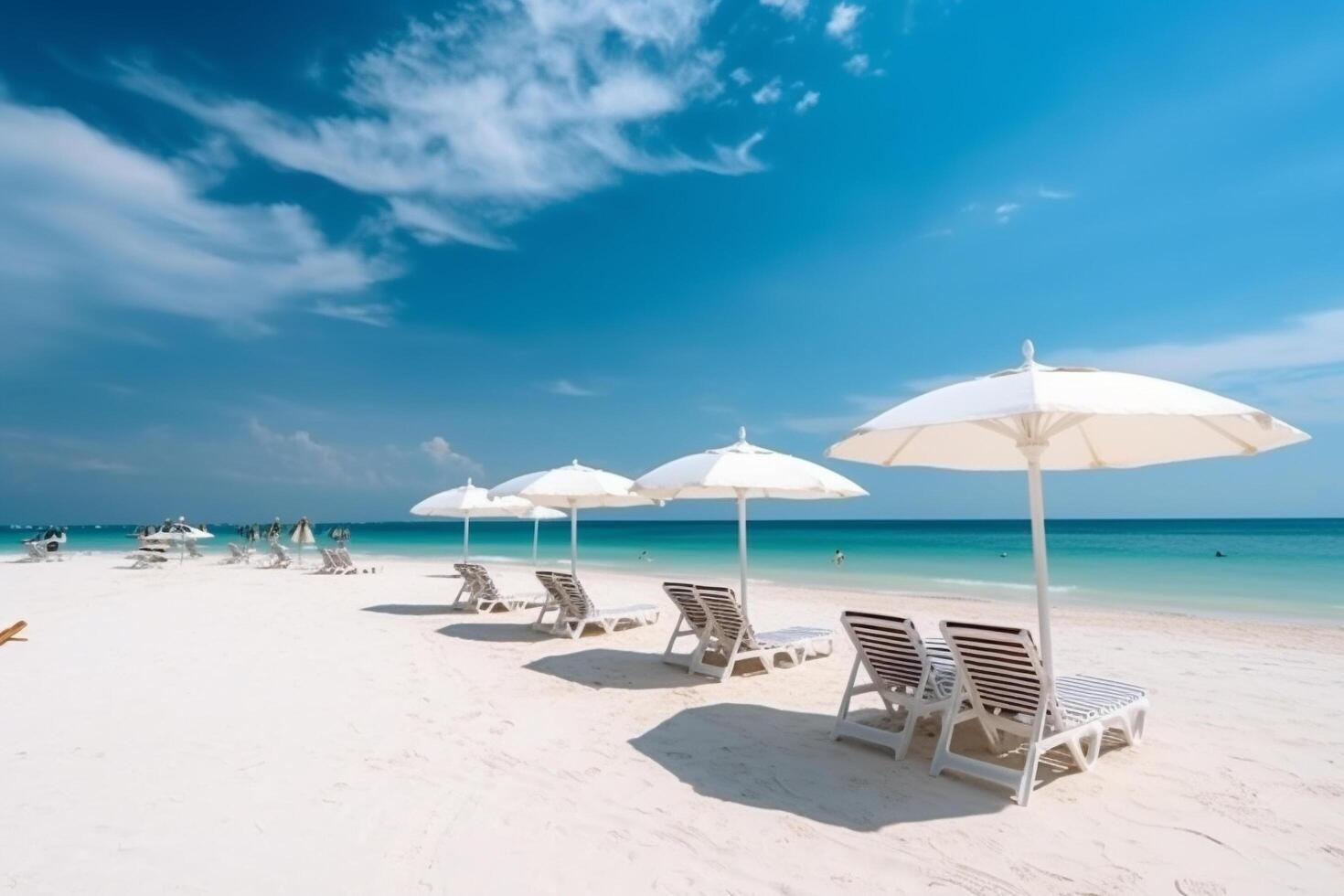 Beautiful beach, White sand, chairs and umbrella summer vacation background, photo