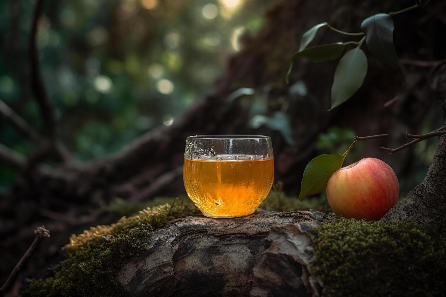 A glass of apple juice next to an apple, photo