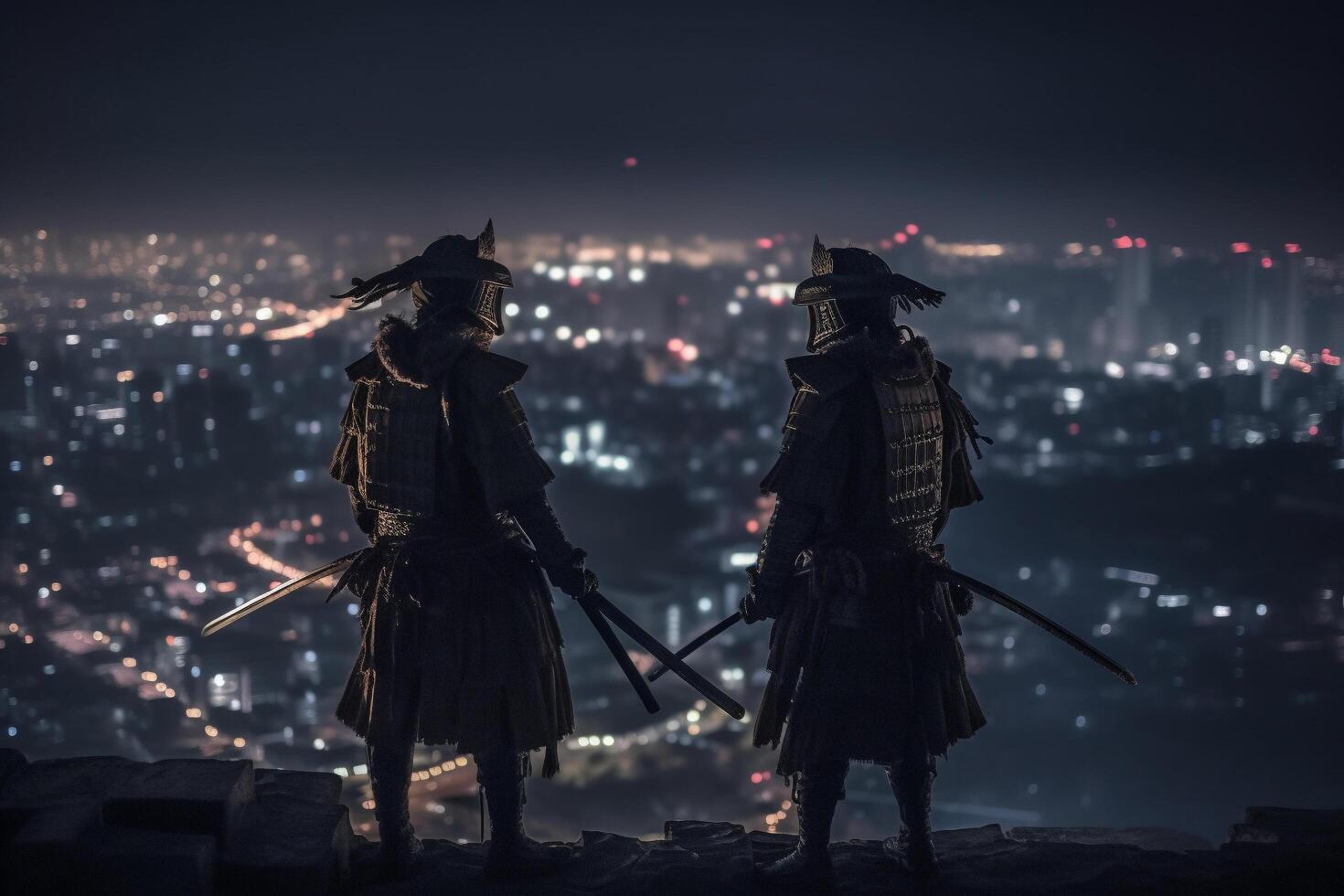 Two samurai standing in front of a city at night, photo