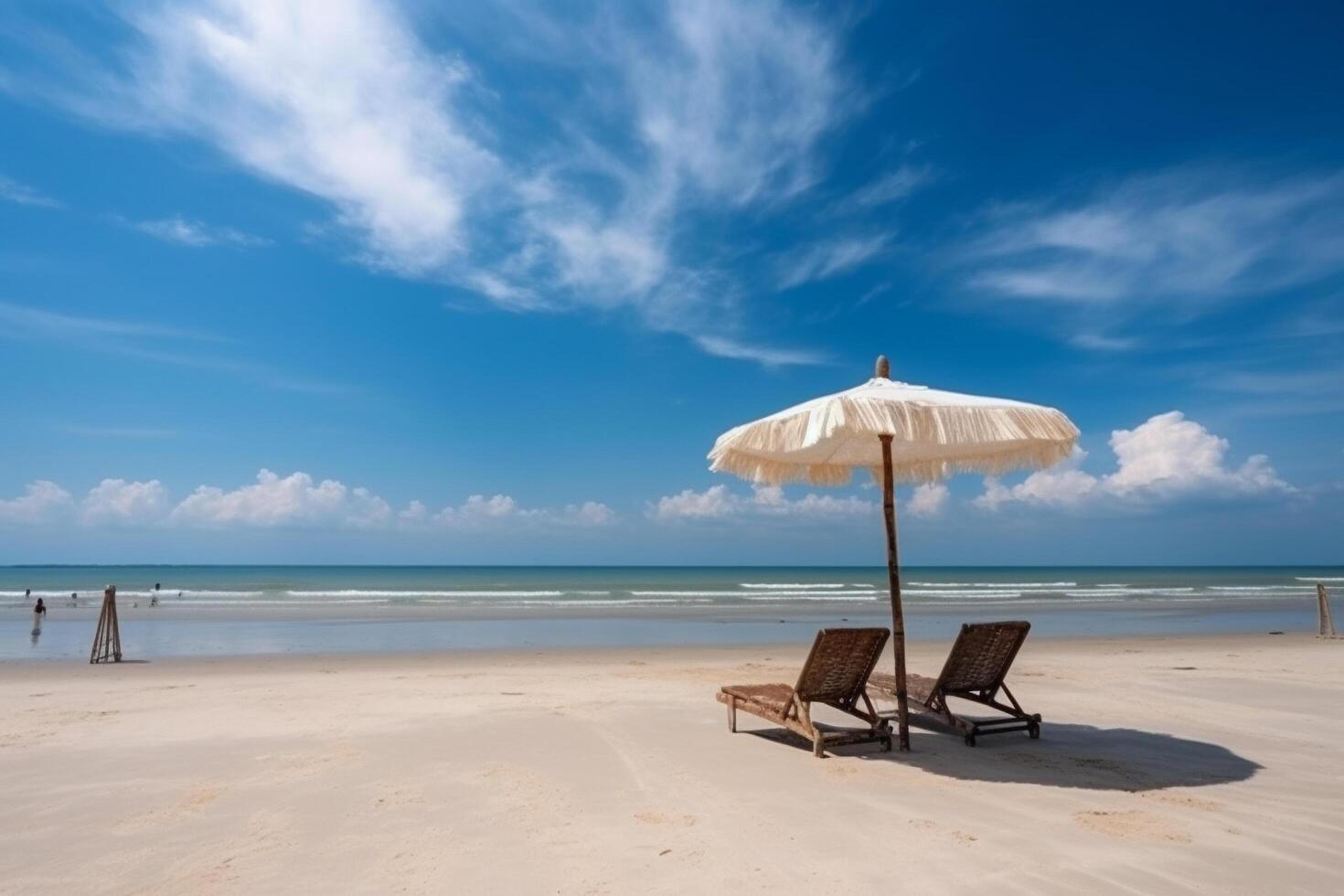 Beautiful beach, White sand, chairs and umbrella summer vacation background, photo