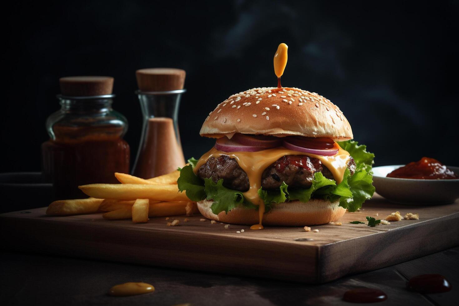 Hamburger with cheese, lettuce and french fries, photo