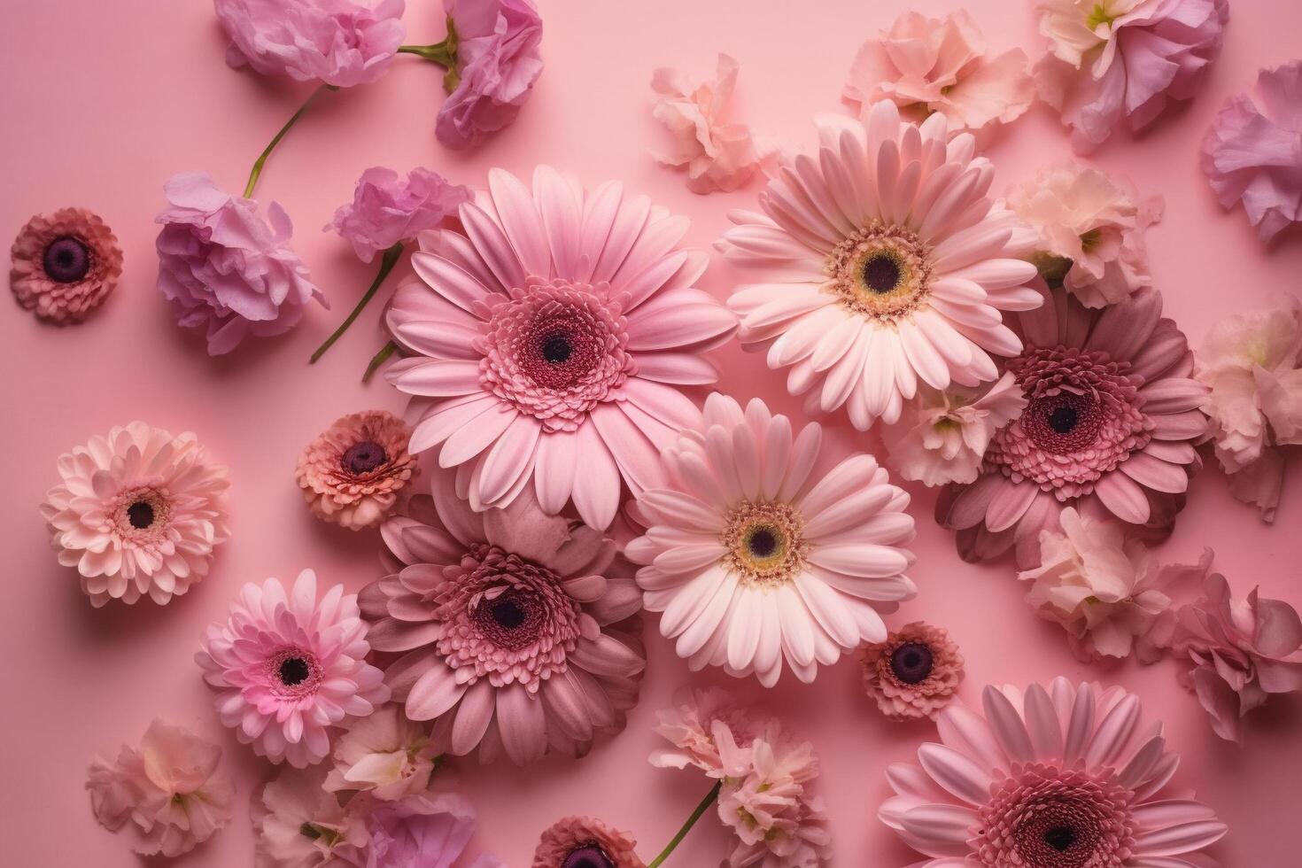 Top view image of pink flowers composition over pastel background, photo