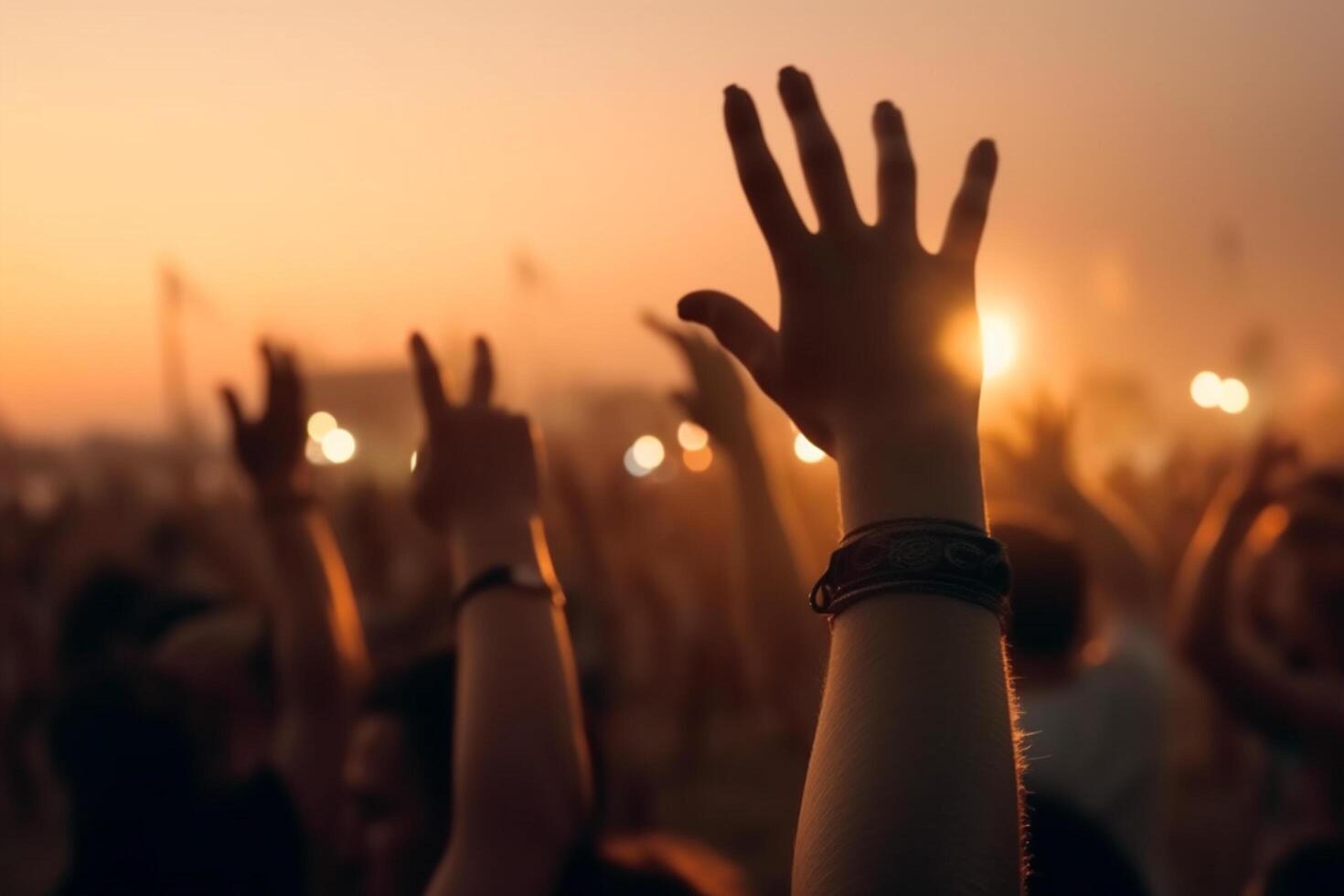 Cheering crowd with hands in the air, summer vacation image, Bokeh People have fun at sunset on a beach, photo