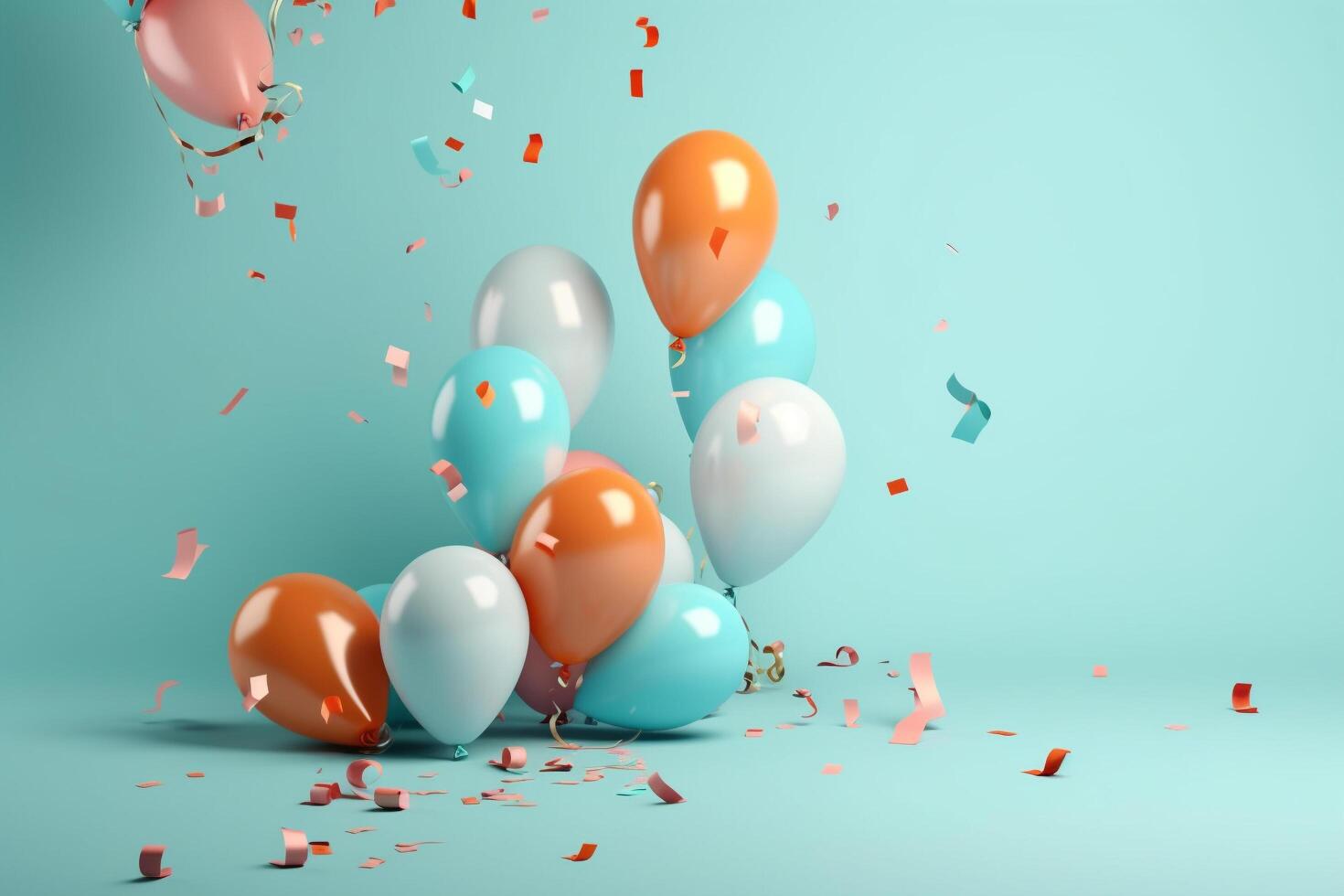 Birthday party balloons with confetti on a light blue background, photo