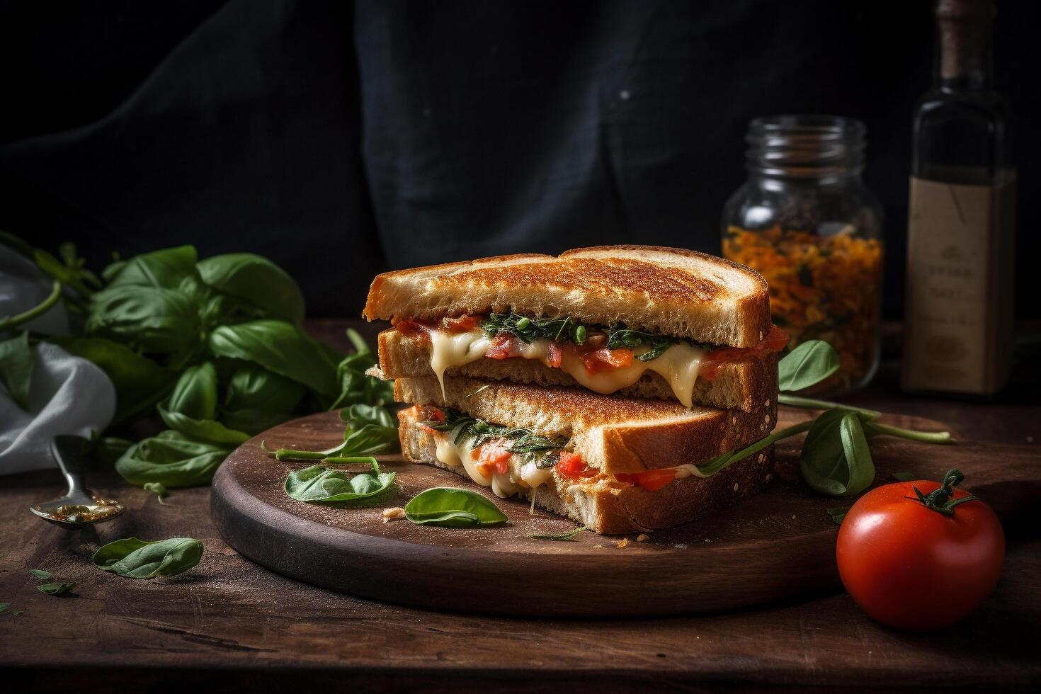 Grilled Cheese Sandwich with Tomato and Basil, photo