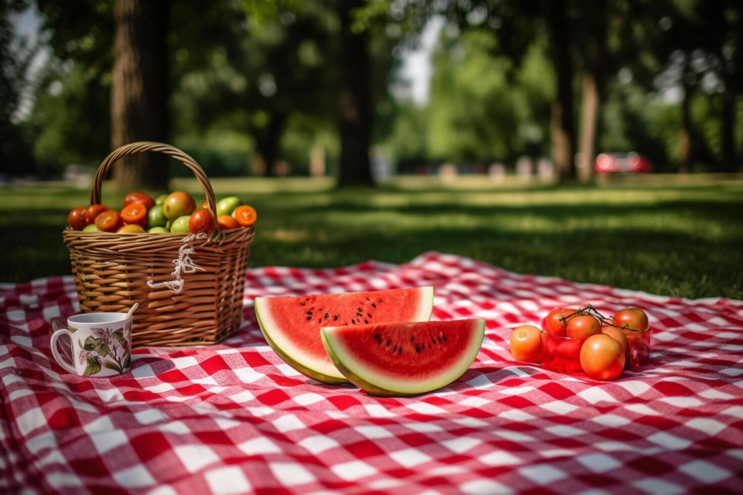 A picnic blanket with a basket of tomatoes and watermelon, photo