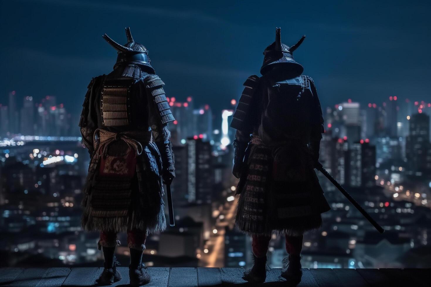 Two samurai standing in front of a city at night, photo