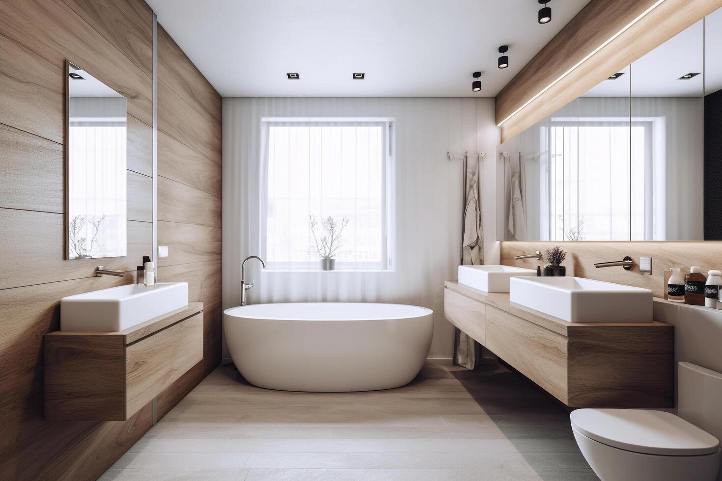 blanco y de madera baño interior diseño, generativo ai foto