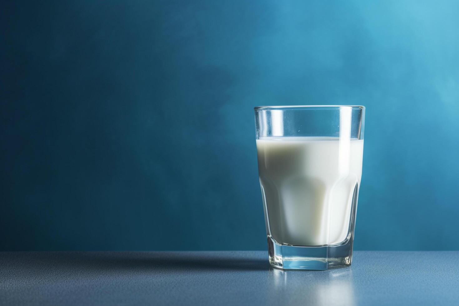 A glass of milk sitting on a blue background, photo