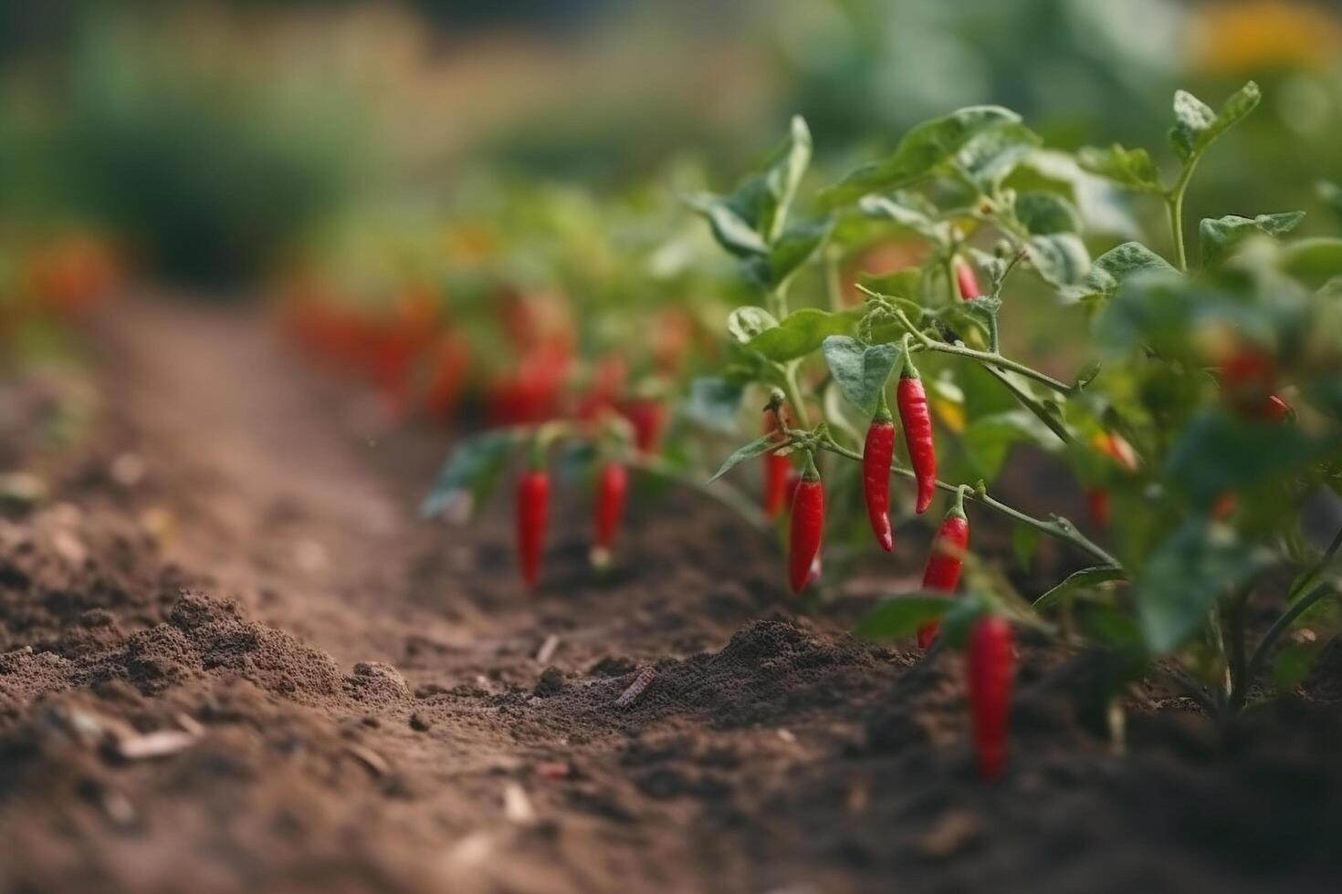 Red chili pepper with a field of chili pepper plantations, photo