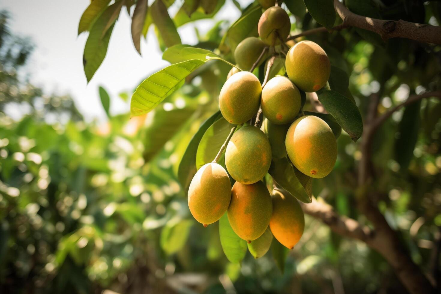 A photo of a tree with some ripe mangoes on it,