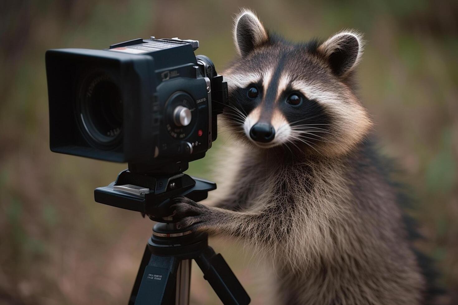 A raccoon using a camera in front of a blurry background, photo